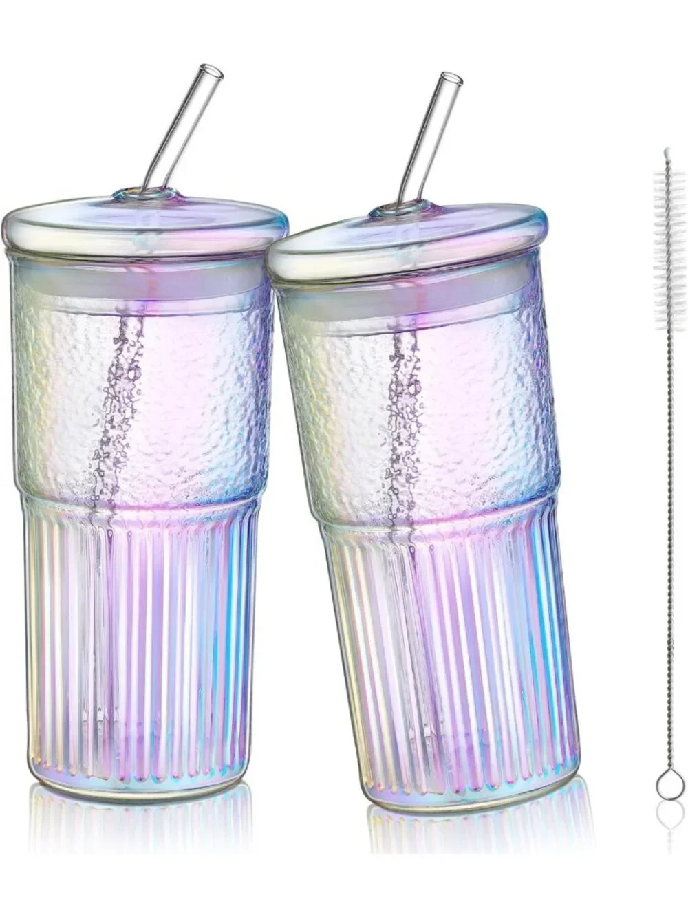 Iridescent 22oz Glass Tumbler with Straw & Lid - Ribbed Design, Perfect for